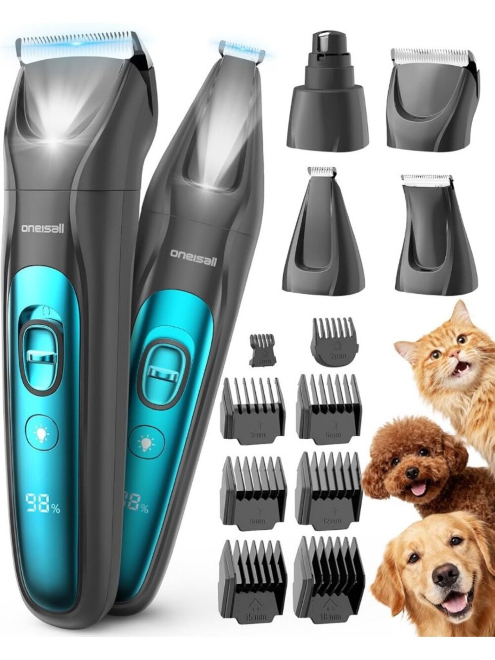 4-in-1 Dog Grooming Kit | Quiet Clippers, Nail Grinder, LED Light, Cordless